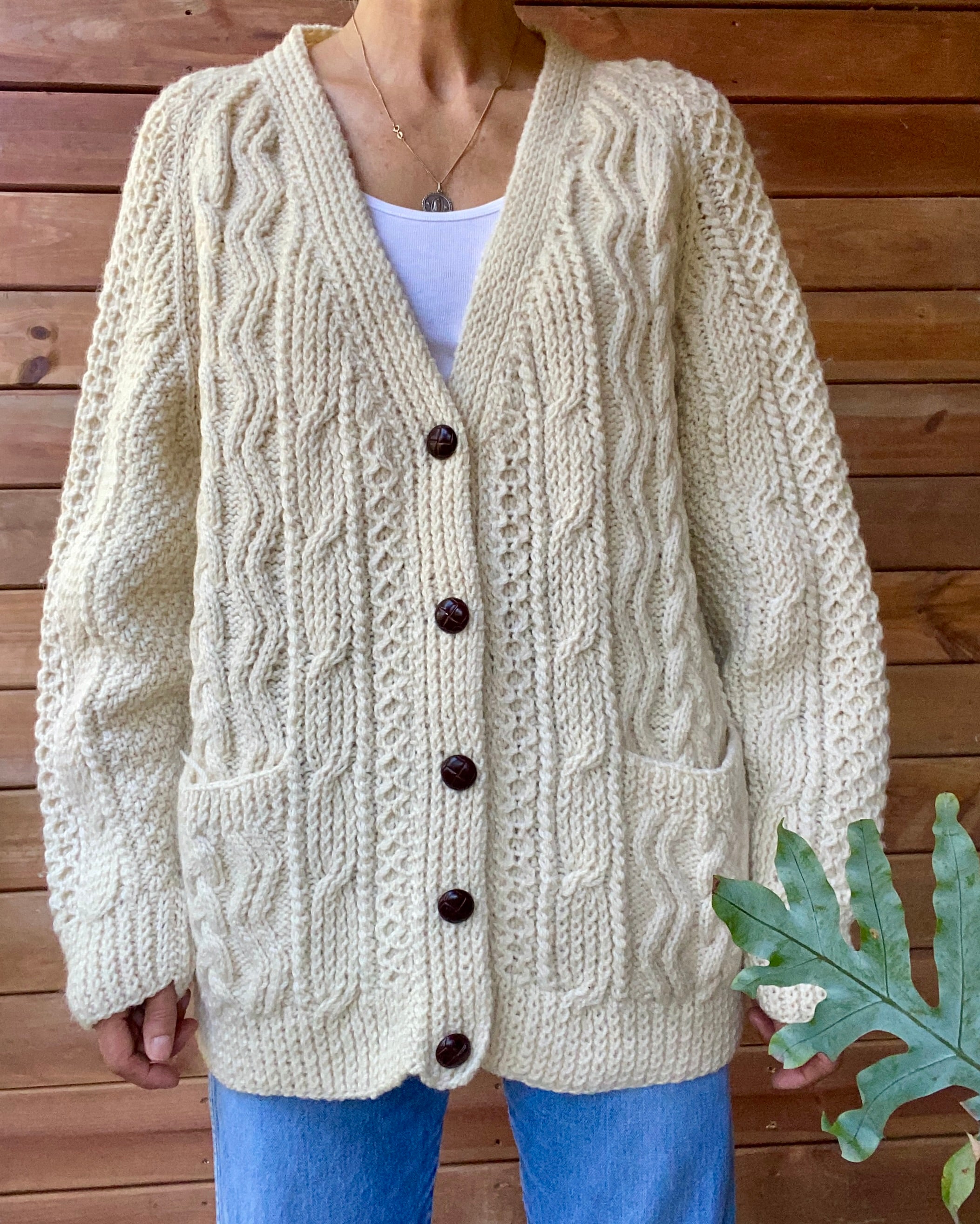 VINTAGE Handknit Fisherman Cable Wool Cardigan L