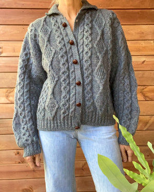 VINTAGE LLBEAN Blue Fisherman Cable Wool Cardigan Made in Ireland M L