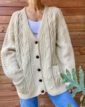 VINTAGE Handknit Fisherman Cable Wool Cardigan L