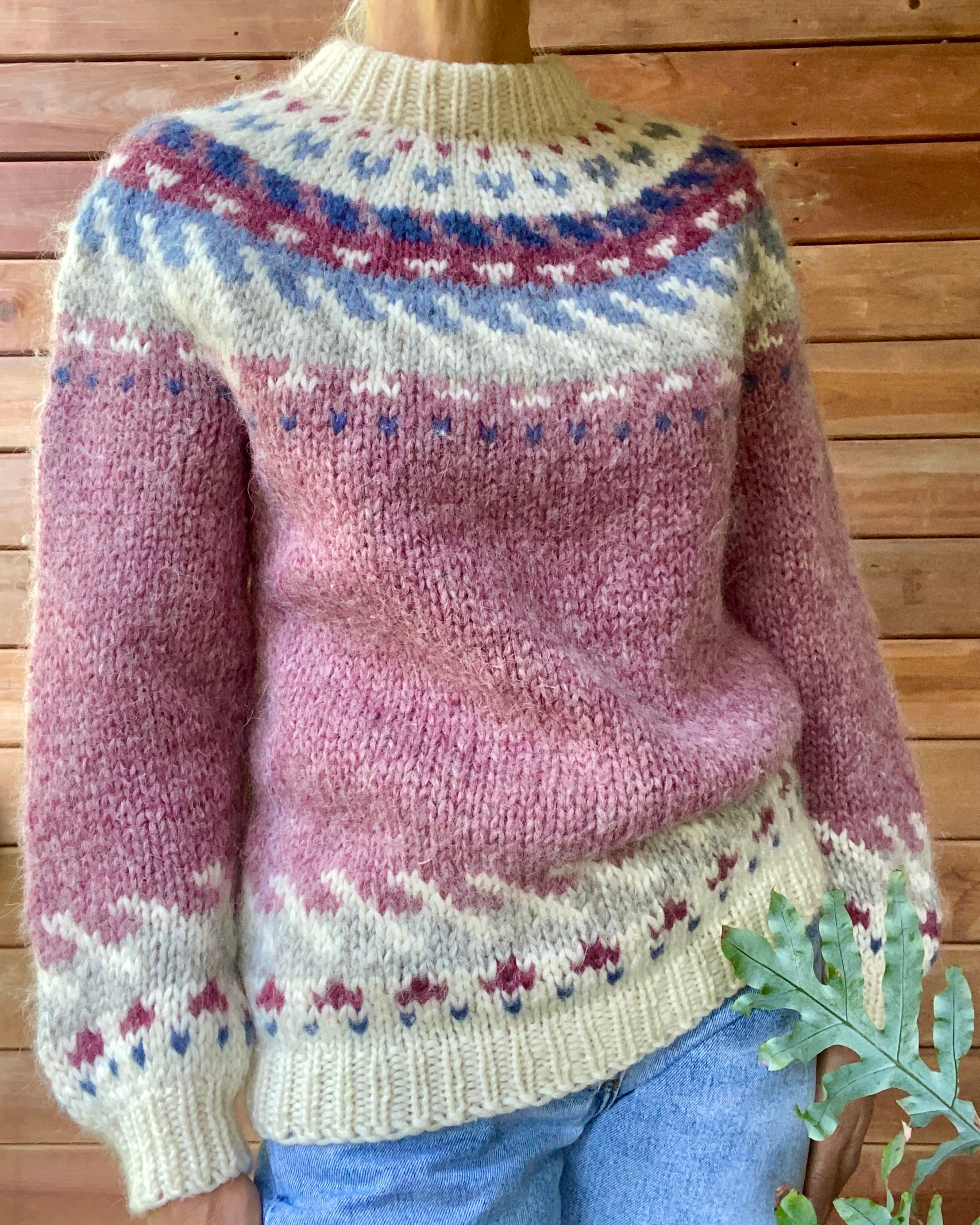 VINTAGE HILDA Ltd. for LLBEAN Icelandic Handknit Pink Fairisle Wool Sweater M L