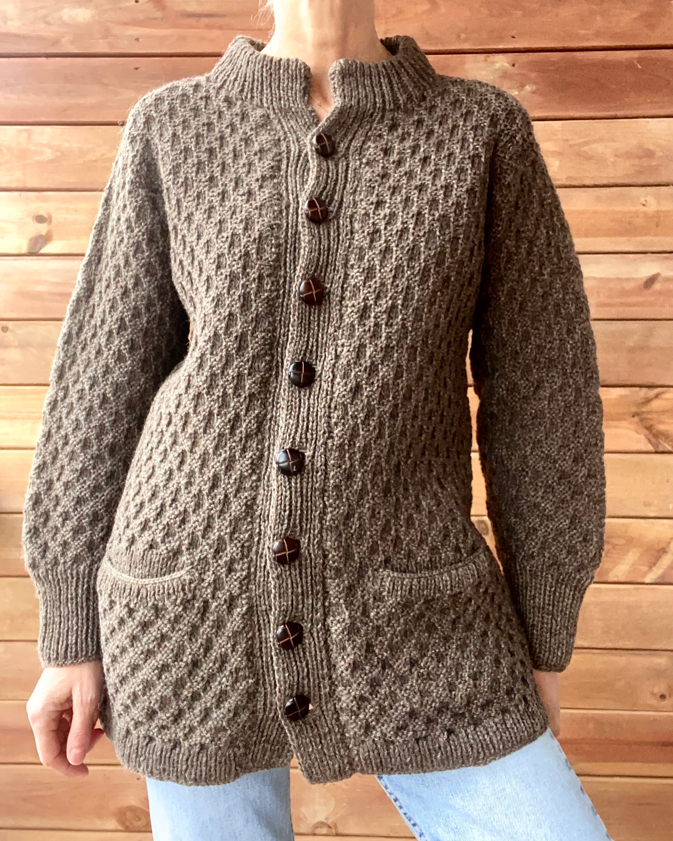 Vintage Hand knit Brown Honeycomb Fisherman Mock Neck Sweater Cardigan Jacket M L