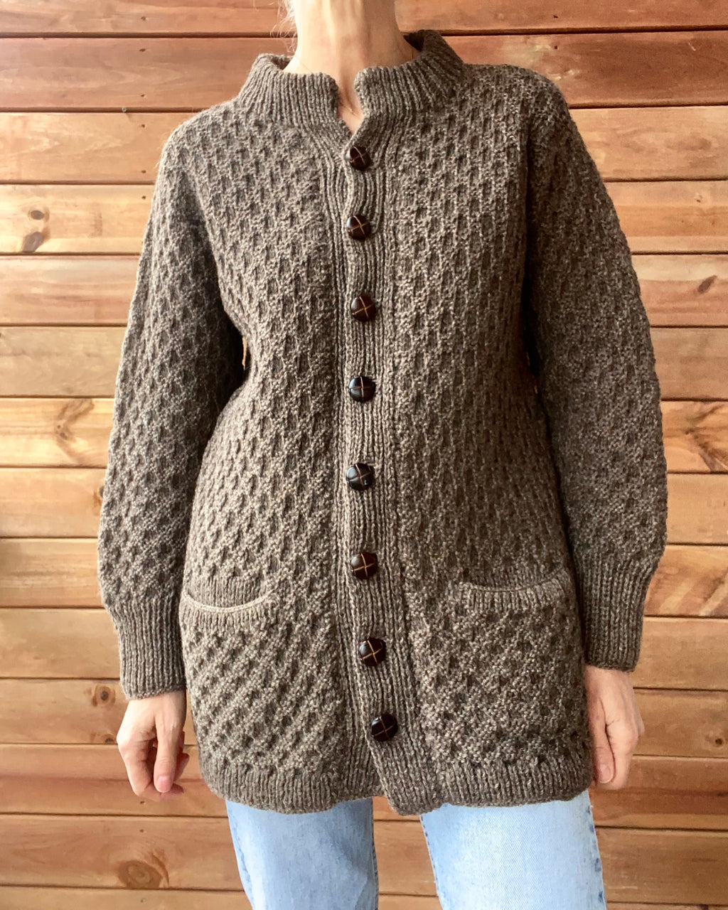 Vintage Hand knit Brown Honeycomb Fisherman Mock Neck Sweater Cardigan Jacket M L