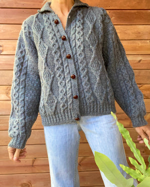 VINTAGE LLBEAN Blue Fisherman Cable Wool Cardigan Made in Ireland M L