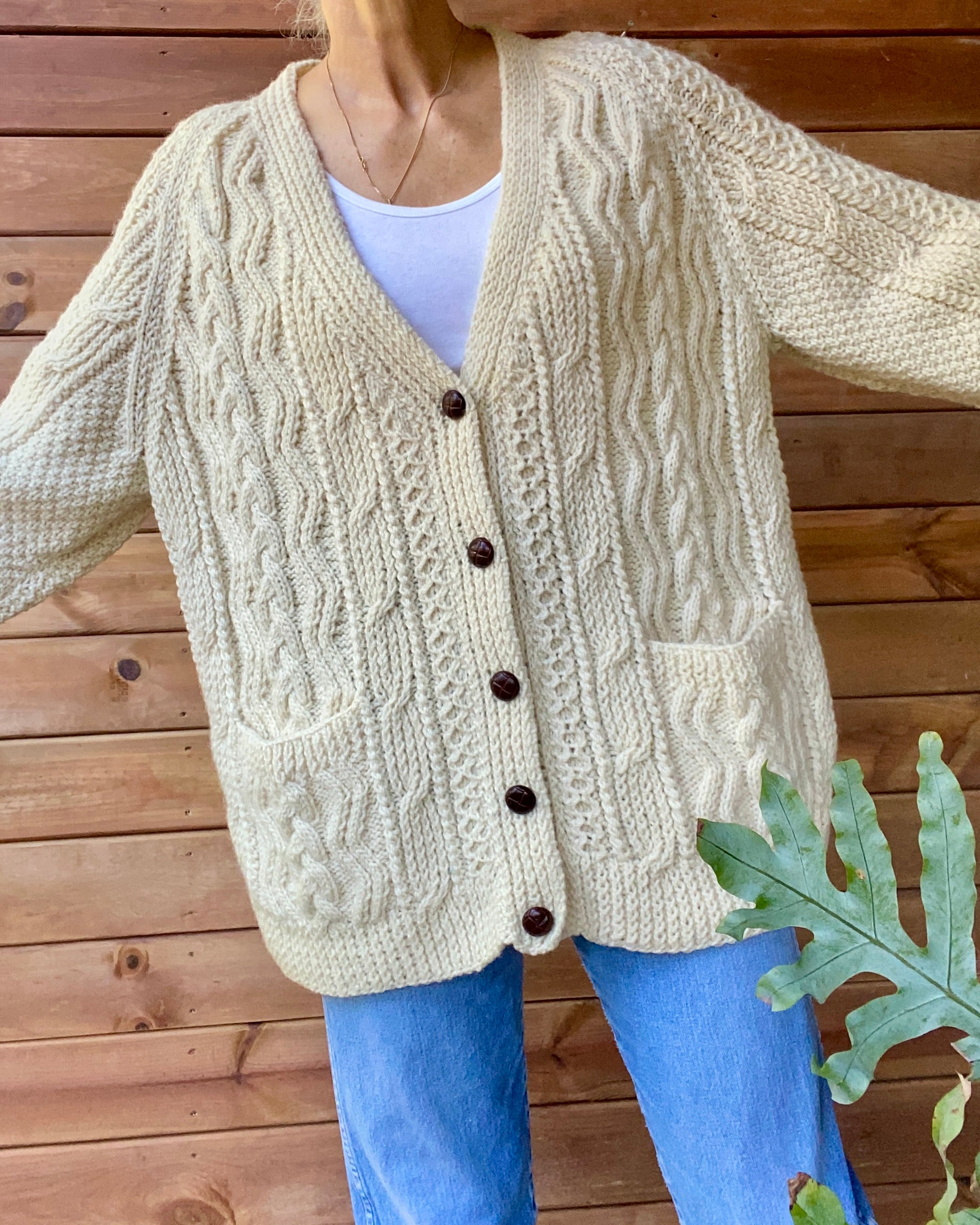 VINTAGE Handknit Fisherman Cable Wool Cardigan L