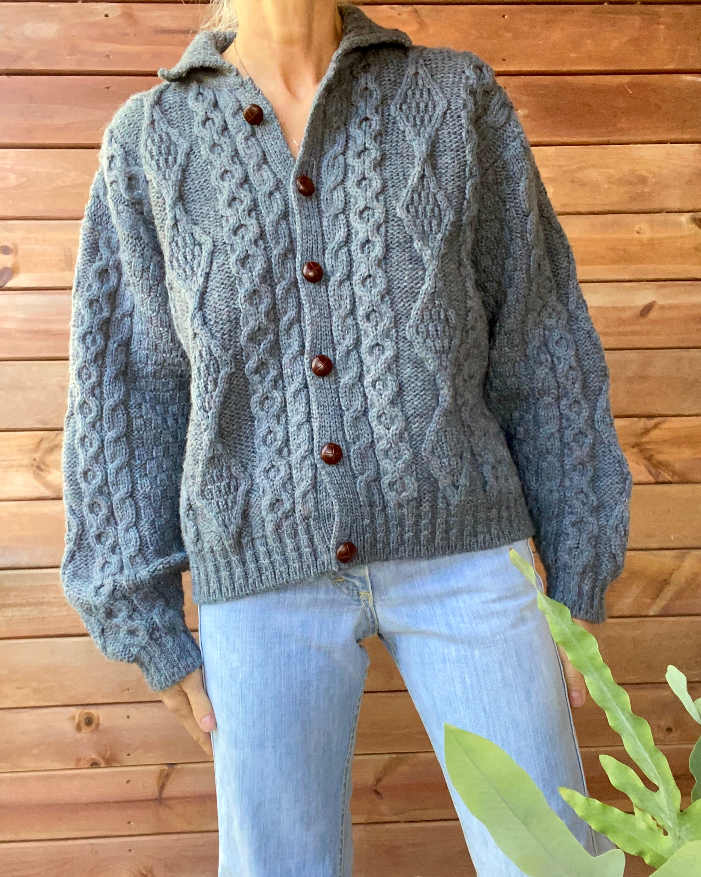 VINTAGE LLBEAN Blue Fisherman Cable Wool Cardigan Made in Ireland M L