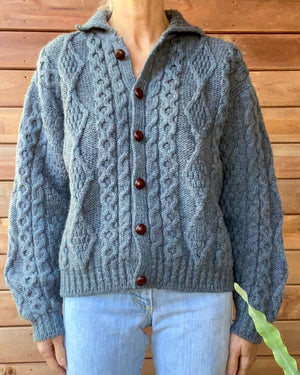 VINTAGE LLBEAN Blue Fisherman Cable Wool Cardigan Made in Ireland M L