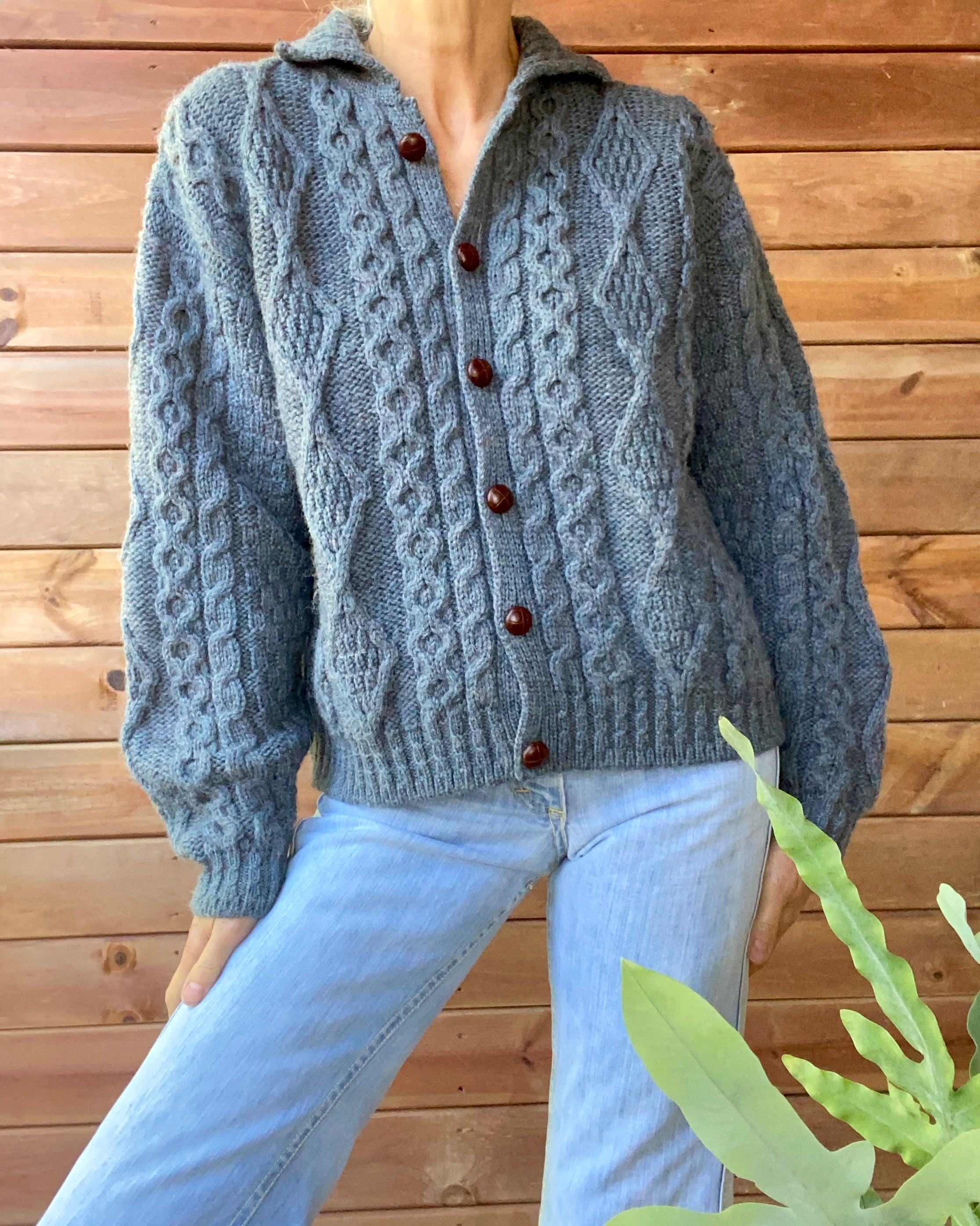 VINTAGE LLBEAN Blue Fisherman Cable Wool Cardigan Made in Ireland M L