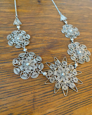 Vintage 1970s Silver Lace Filigree Flower Necklace