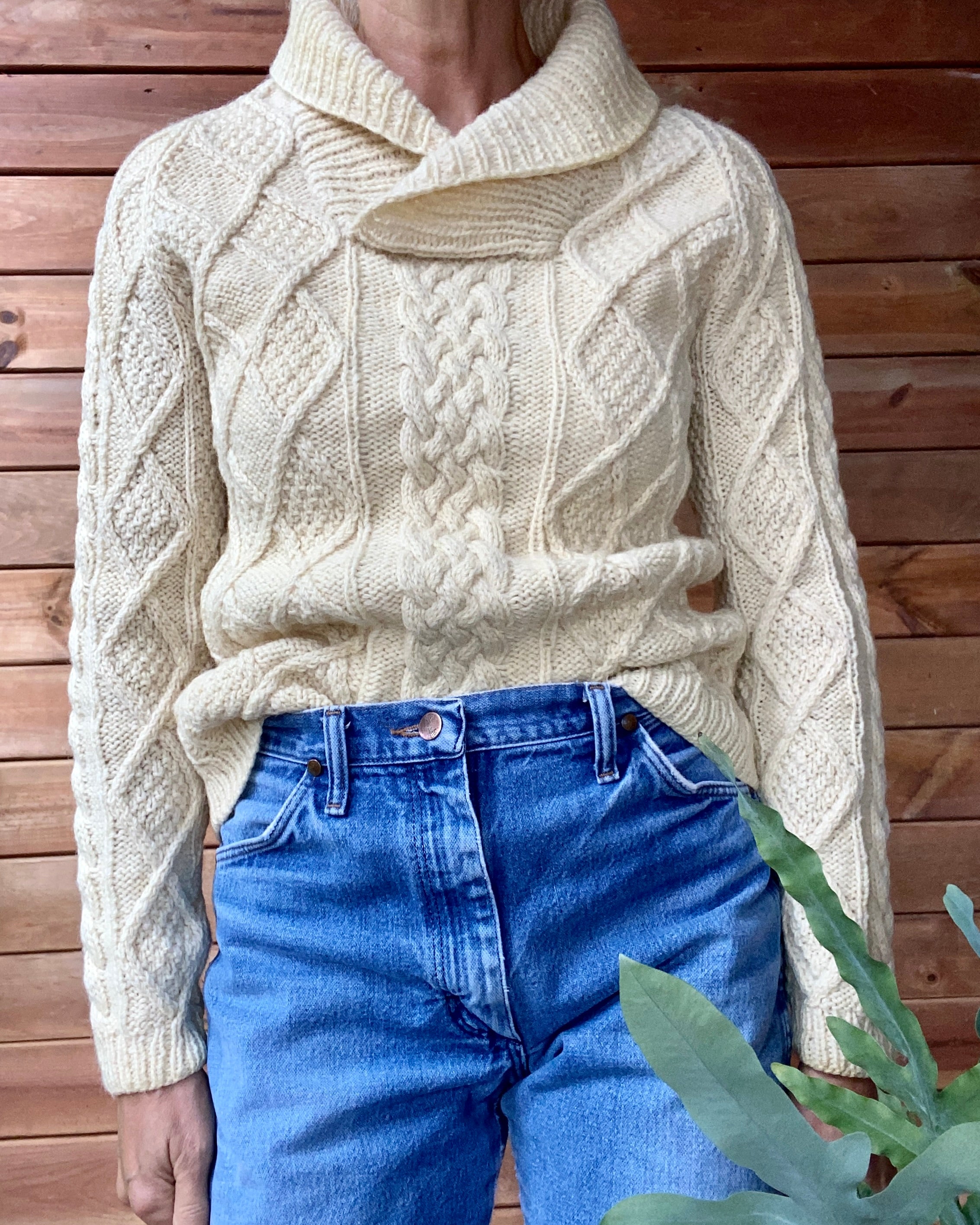 Vintage Handknit Cream Irish Fisherman Cable Sweater with Shawl Collar S M