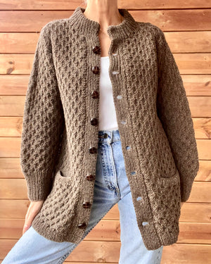 Vintage Hand knit Brown Honeycomb Fisherman Mock Neck Sweater Cardigan Jacket M L