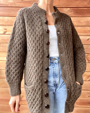 Vintage Hand knit Brown Honeycomb Fisherman Mock Neck Sweater Cardigan Jacket M L