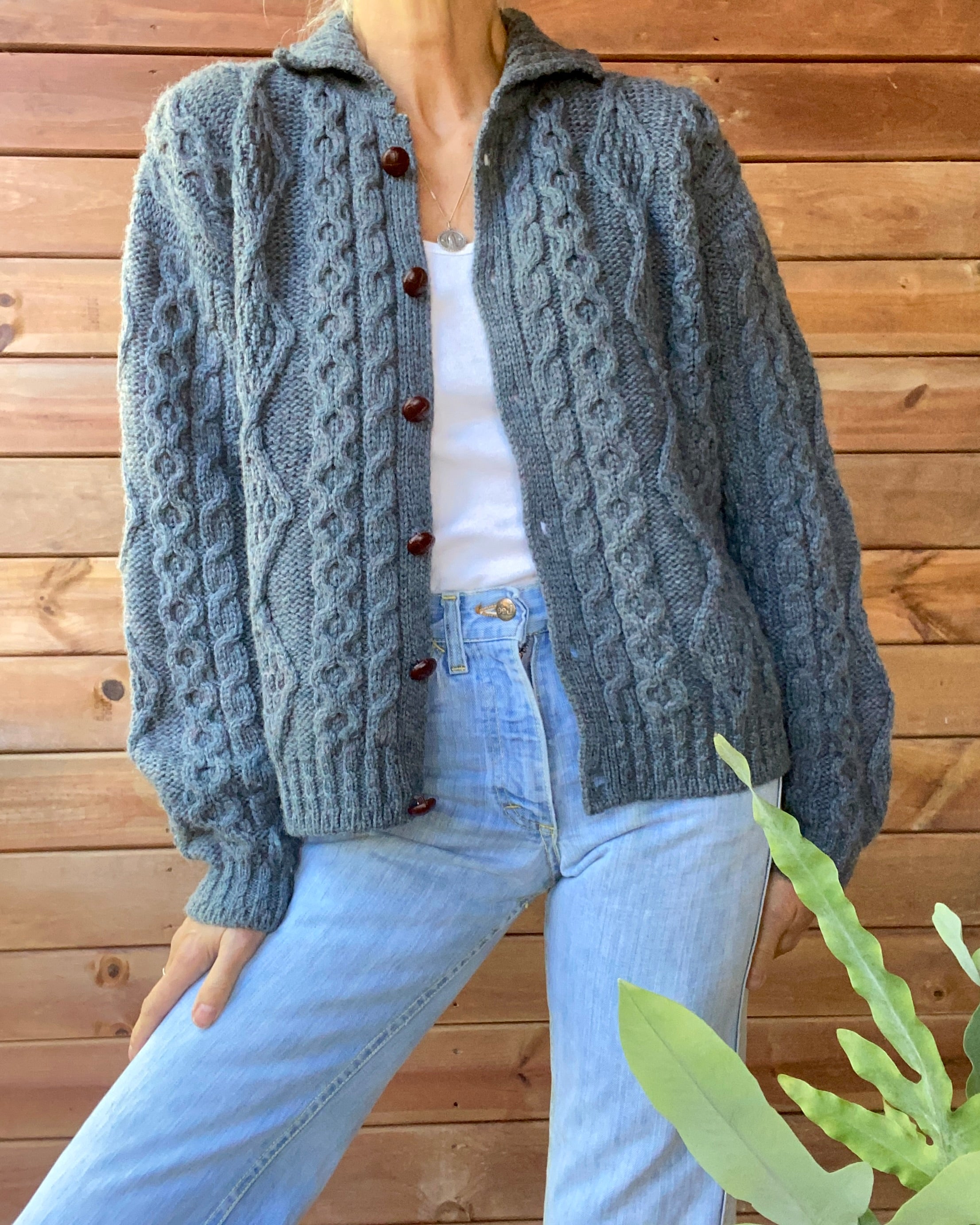 VINTAGE LLBEAN Blue Fisherman Cable Wool Cardigan Made in Ireland M L