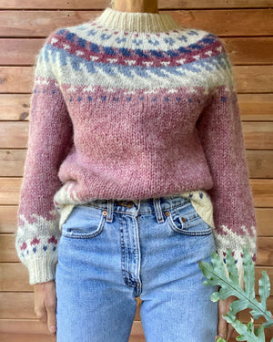 VINTAGE HILDA Ltd. for LLBEAN Icelandic Handknit Pink Fairisle Wool Sweater M L