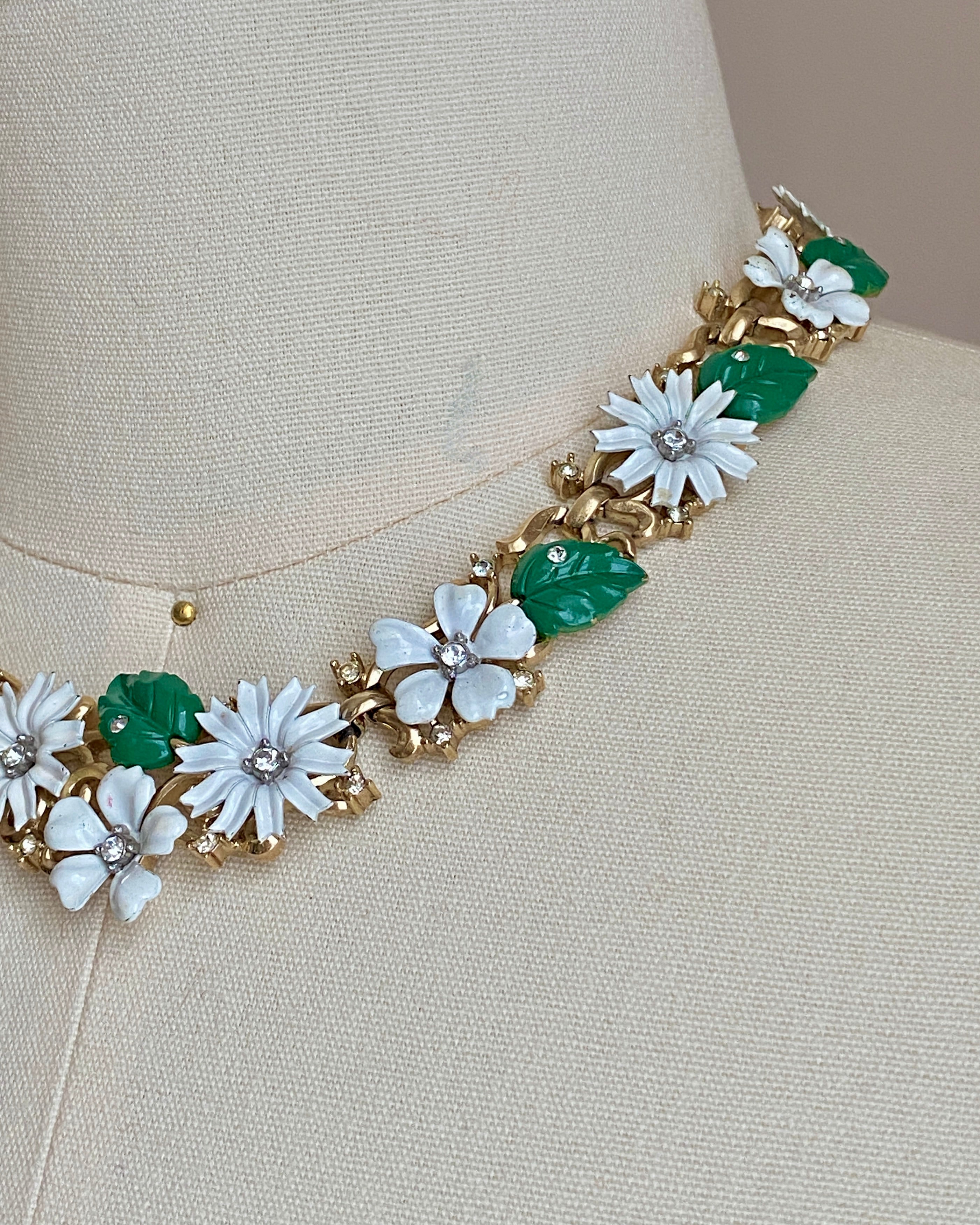 Vintage 1950s Crown TRIFARI White & Green Enamel and Rhinestone Gold Tone 3D Floral “Tremblers “ Bridal Parure