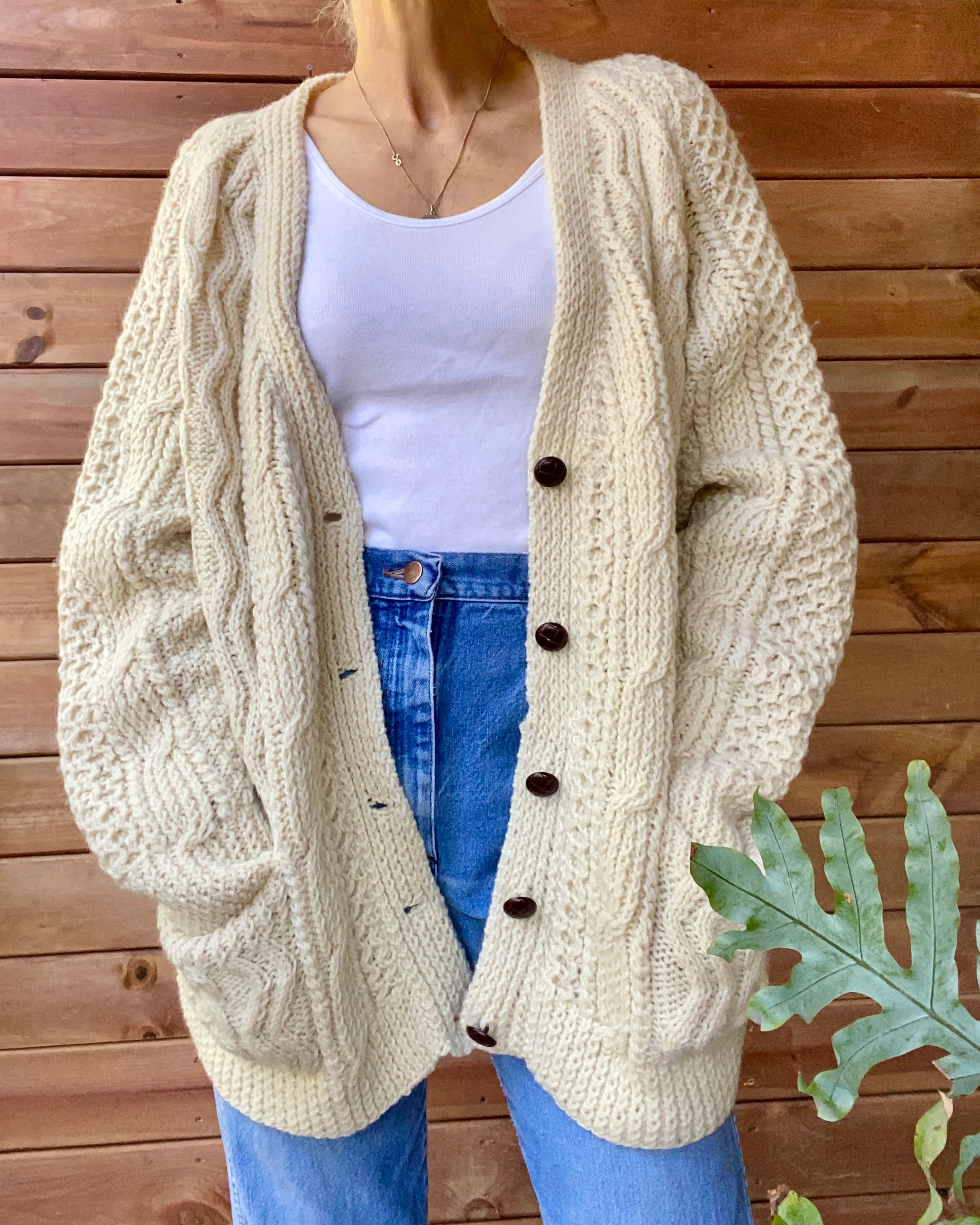 VINTAGE Handknit Fisherman Cable Wool Cardigan L