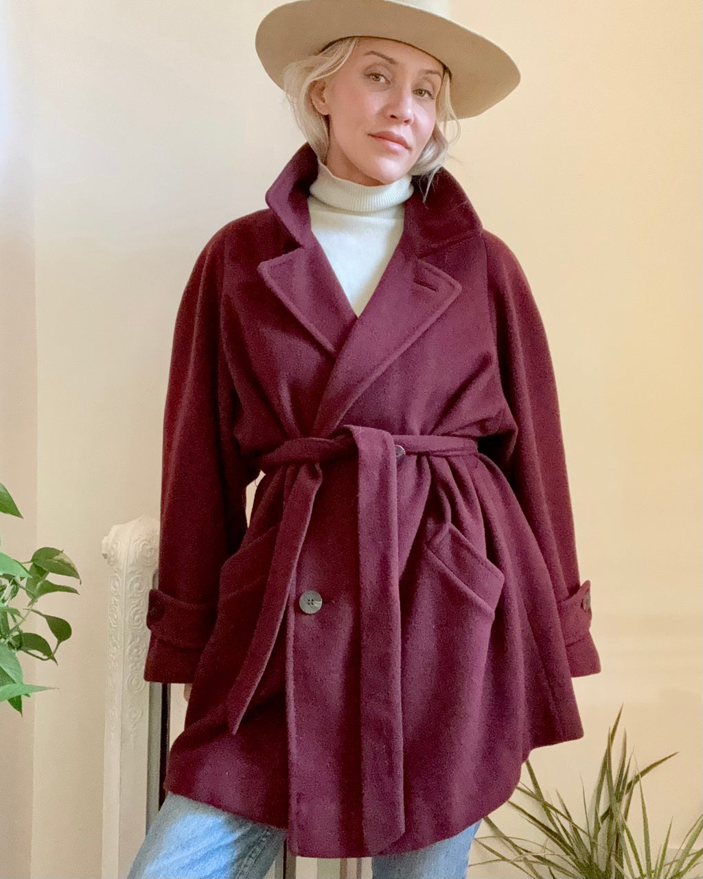 Vintage 1990s 100% Pure Cashmere Burgundy Trench Peacoat Style Coat with Tie Belt Size L