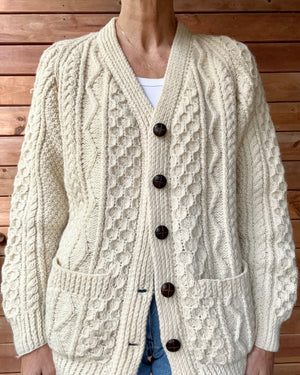 Vintage Handknit Cream Fisherman Cable Cardigan Sweater Pure Wool SM M L