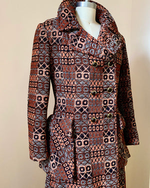 Vintage 1960s Wool Tapestry Double Breasted with Geometric Pattern Coat