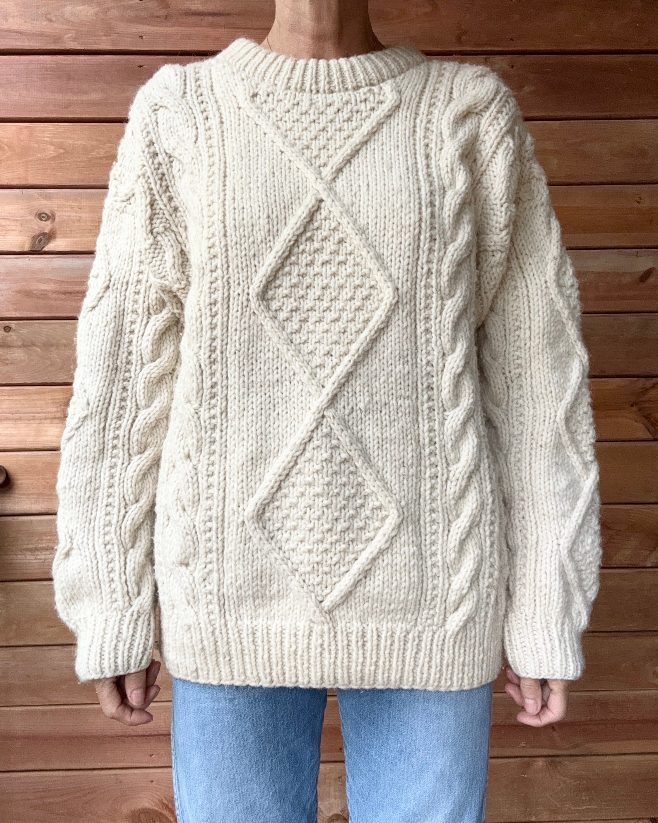 Vintage 1990s Handknit Cream Aran Cable Sweater M L