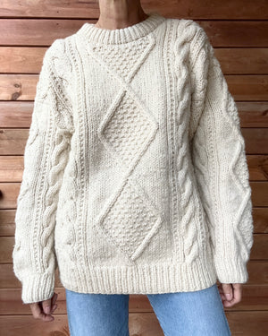 Vintage 1990s Handknit Cream Aran Cable Sweater M L