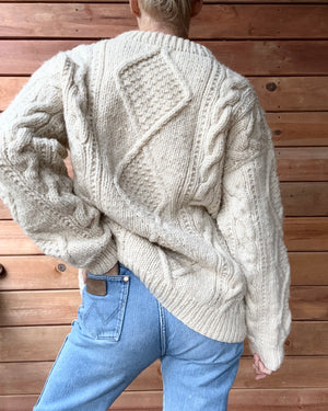 Vintage 1990s Handknit Cream Aran Cable Sweater M L