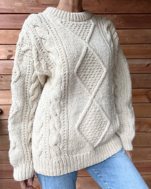 Vintage 1990s Handknit Cream Aran Cable Sweater M L