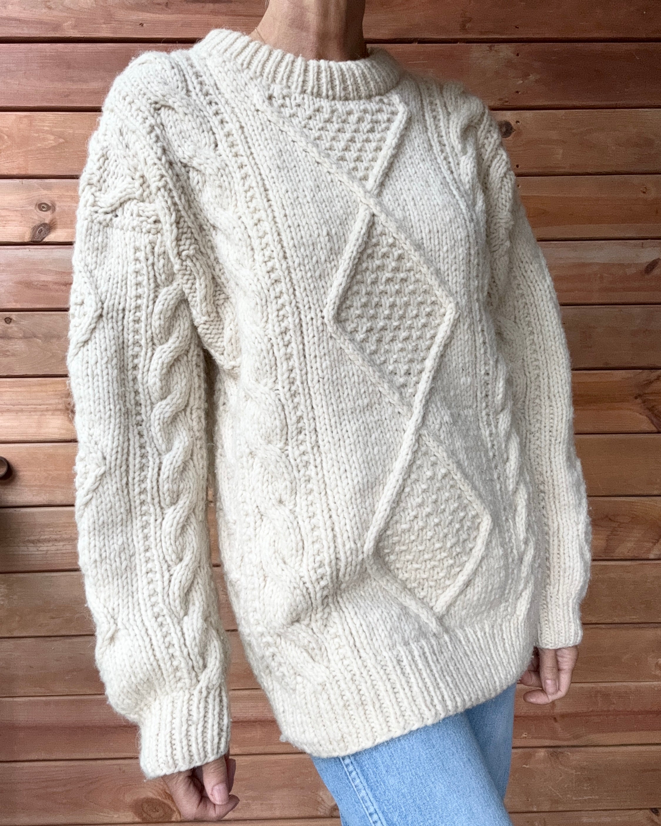 Vintage 1990s Handknit Cream Aran Cable Sweater M L