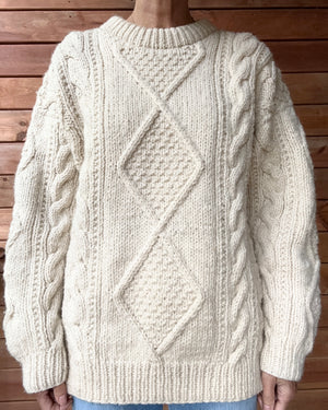 Vintage 1990s Handknit Cream Aran Cable Sweater M L