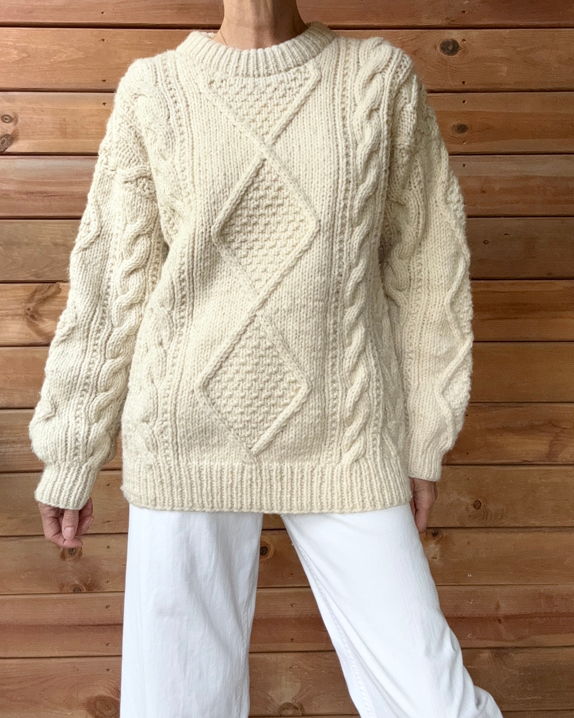 Vintage 1990s Handknit Cream Aran Cable Sweater M L