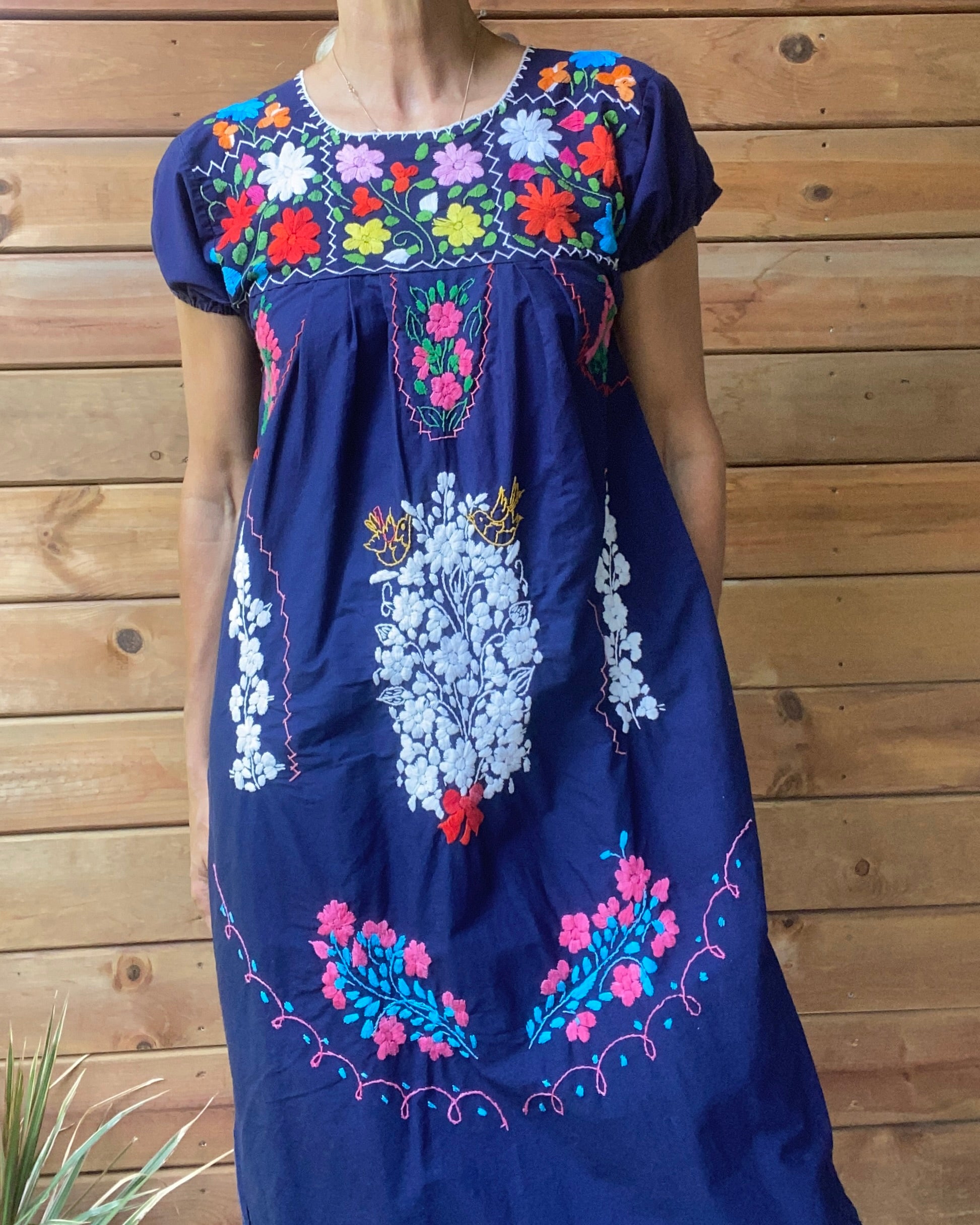 Vintage Mexican Short Sleeve Navy Cotton Embroidered Dress M