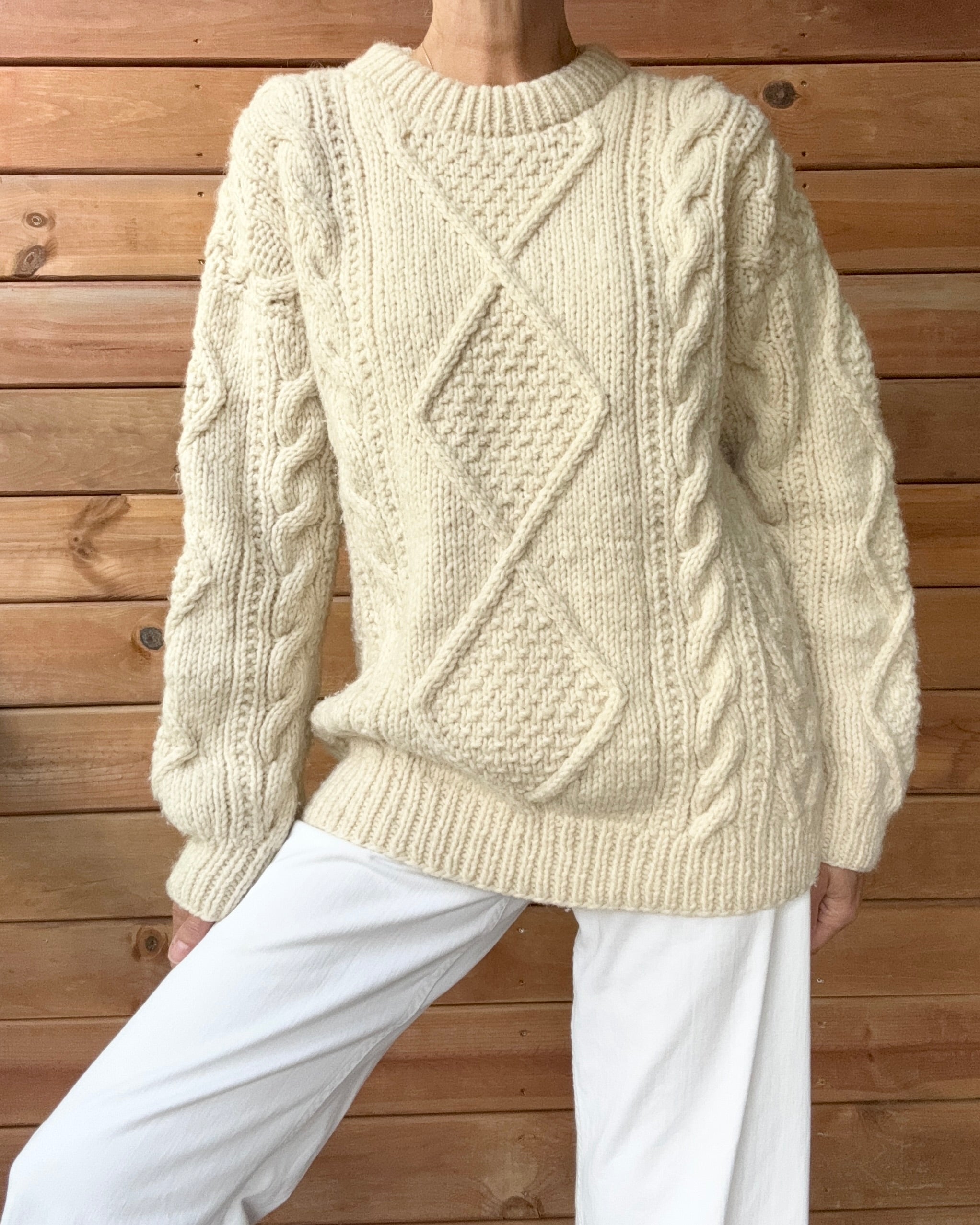 Vintage 1990s Handknit Cream Aran Cable Sweater M L