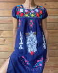 Vintage Mexican Short Sleeve Navy Cotton Embroidered Dress M