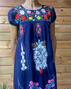 Vintage Mexican Short Sleeve Navy Cotton Embroidered Dress M