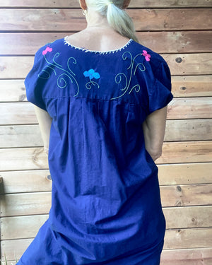 Vintage Mexican Short Sleeve Navy Cotton Embroidered Dress M