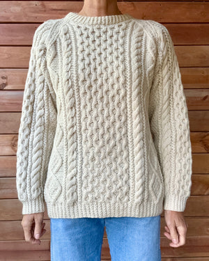 Vintage HELEN McGROARTY Handknit Cream Cable Fisherman Sweater M L