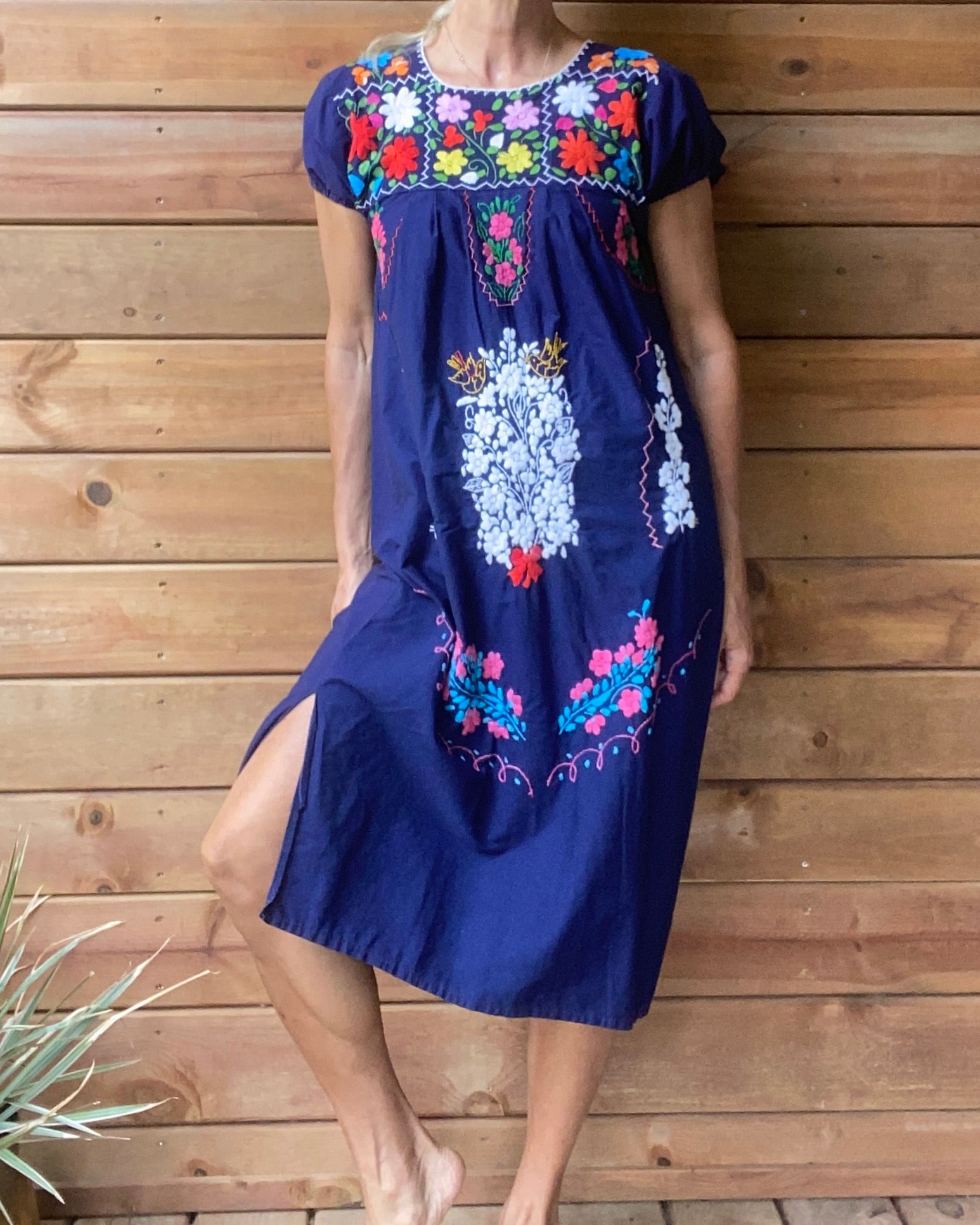 Vintage Mexican Short Sleeve Navy Cotton Embroidered Dress M