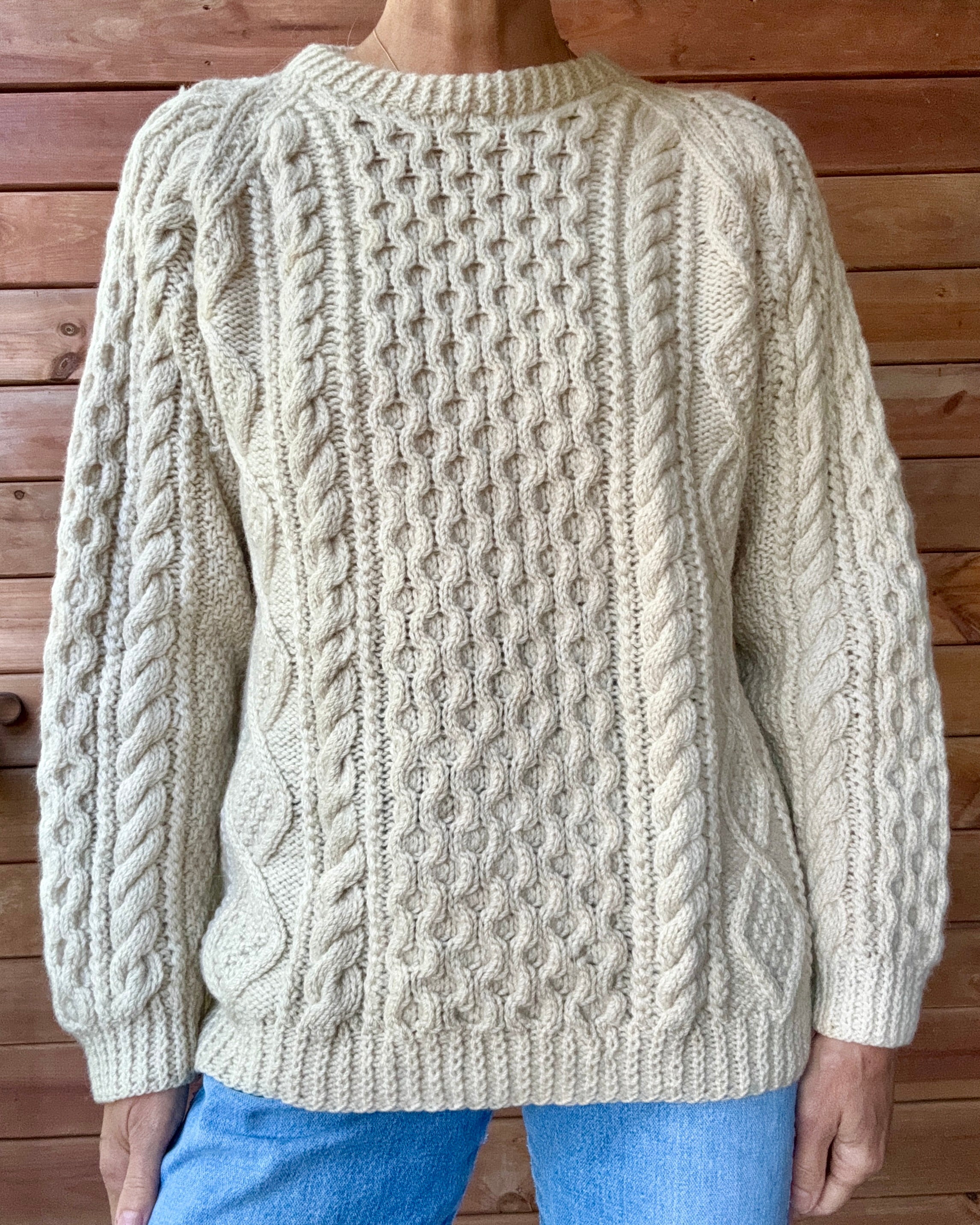 Vintage HELEN McGROARTY Handknit Cream Cable Fisherman Sweater M L