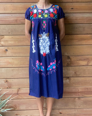 Vintage Mexican Short Sleeve Navy Cotton Embroidered Dress M