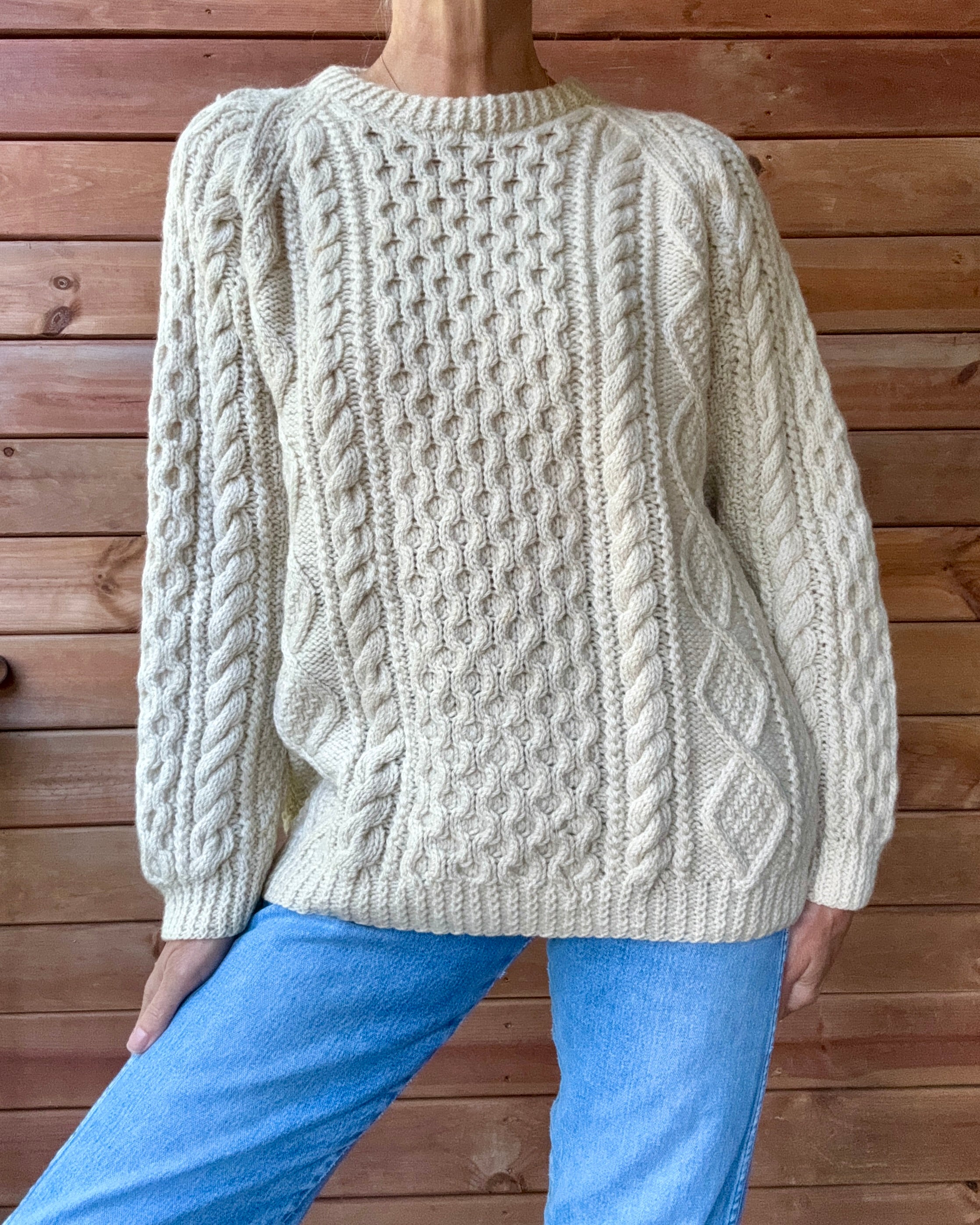 Vintage HELEN McGROARTY Handknit Cream Cable Fisherman Sweater M L