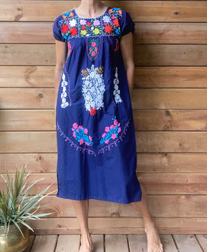 Vintage Mexican Short Sleeve Navy Cotton Embroidered Dress M