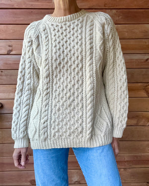 Vintage HELEN McGROARTY Handknit Cream Cable Fisherman Sweater M L