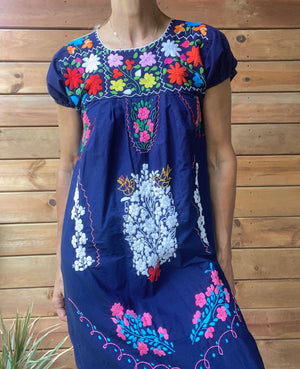 Vintage Mexican Short Sleeve Navy Cotton Embroidered Dress M