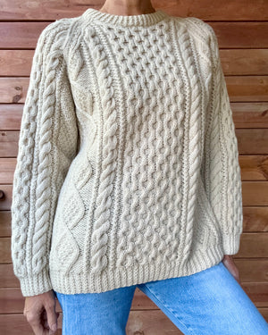 Vintage HELEN McGROARTY Handknit Cream Cable Fisherman Sweater M L