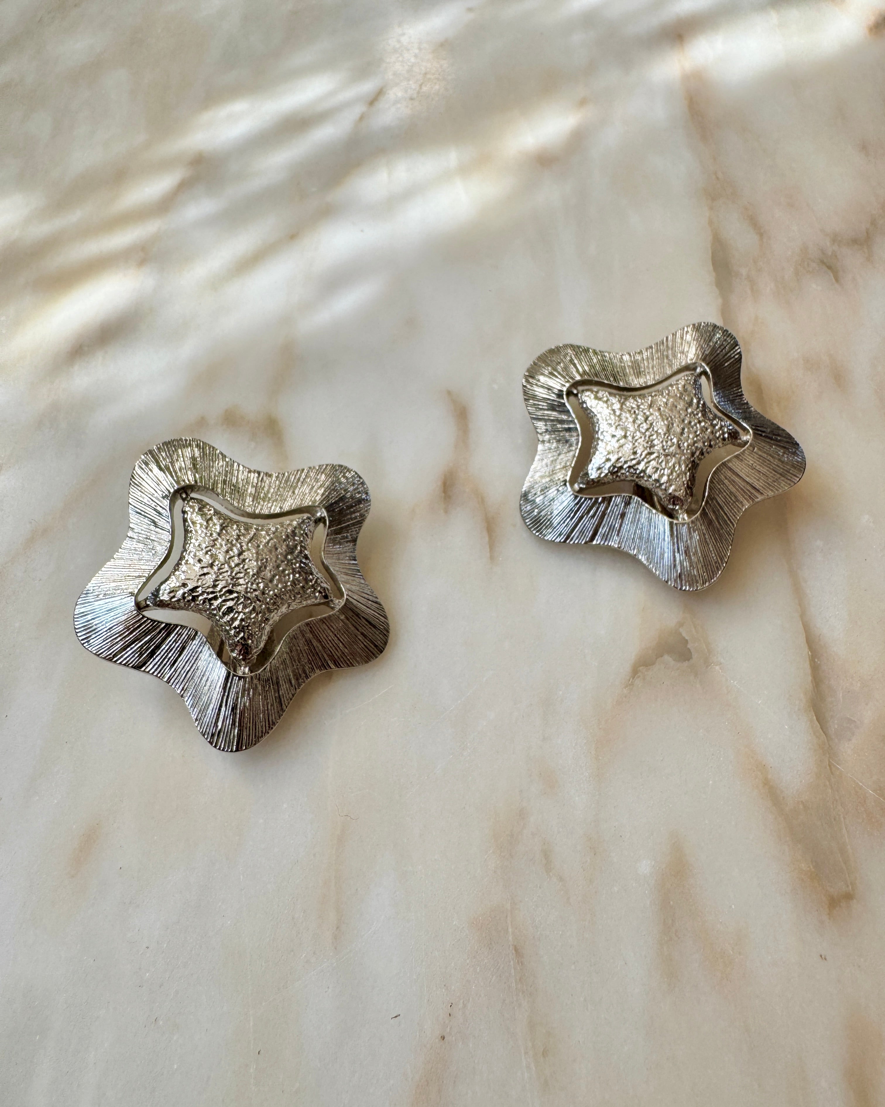 Vintage Silver Tone Textured Metal Starfish Clip on Earrings