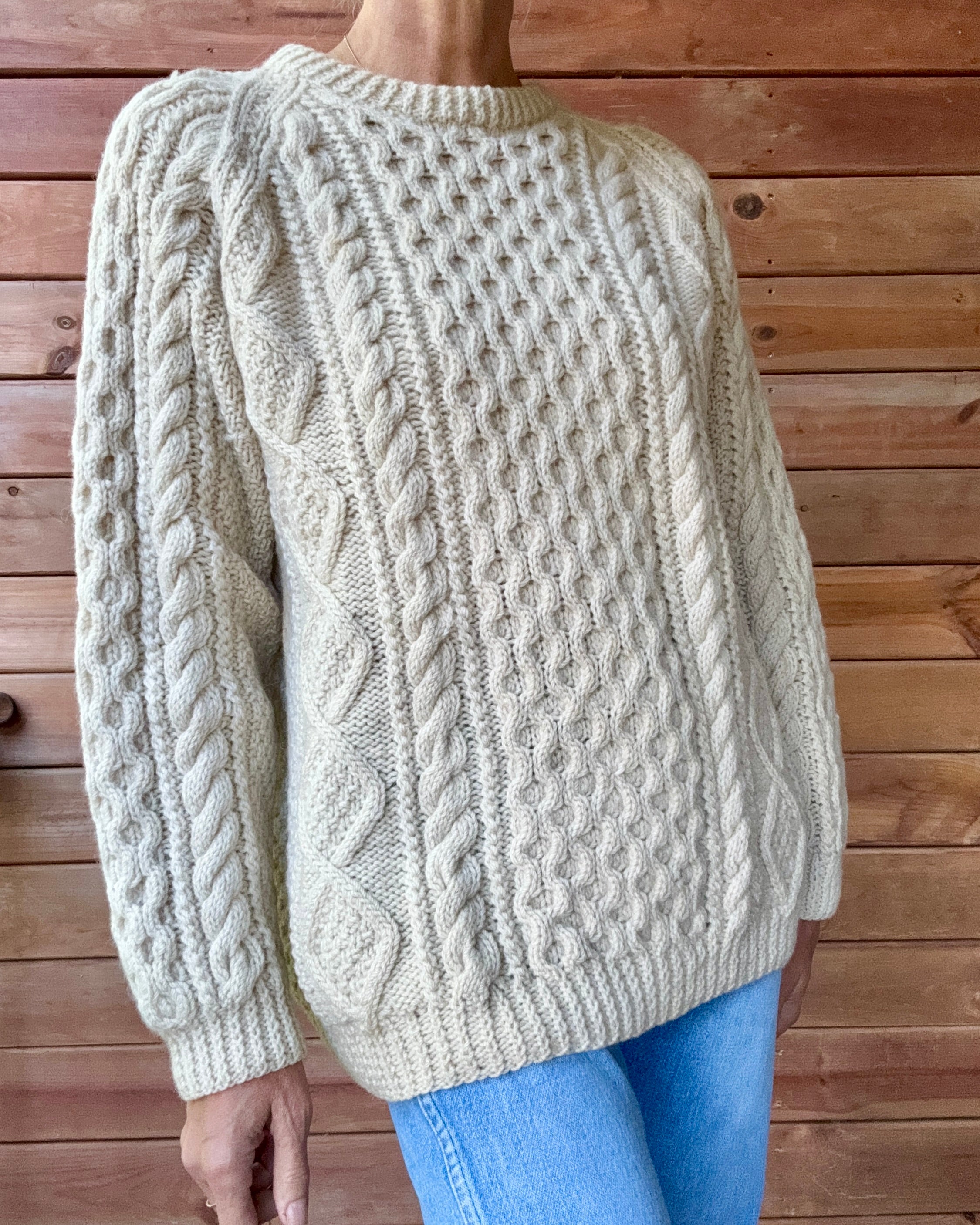 Vintage HELEN McGROARTY Handknit Cream Cable Fisherman Sweater M L