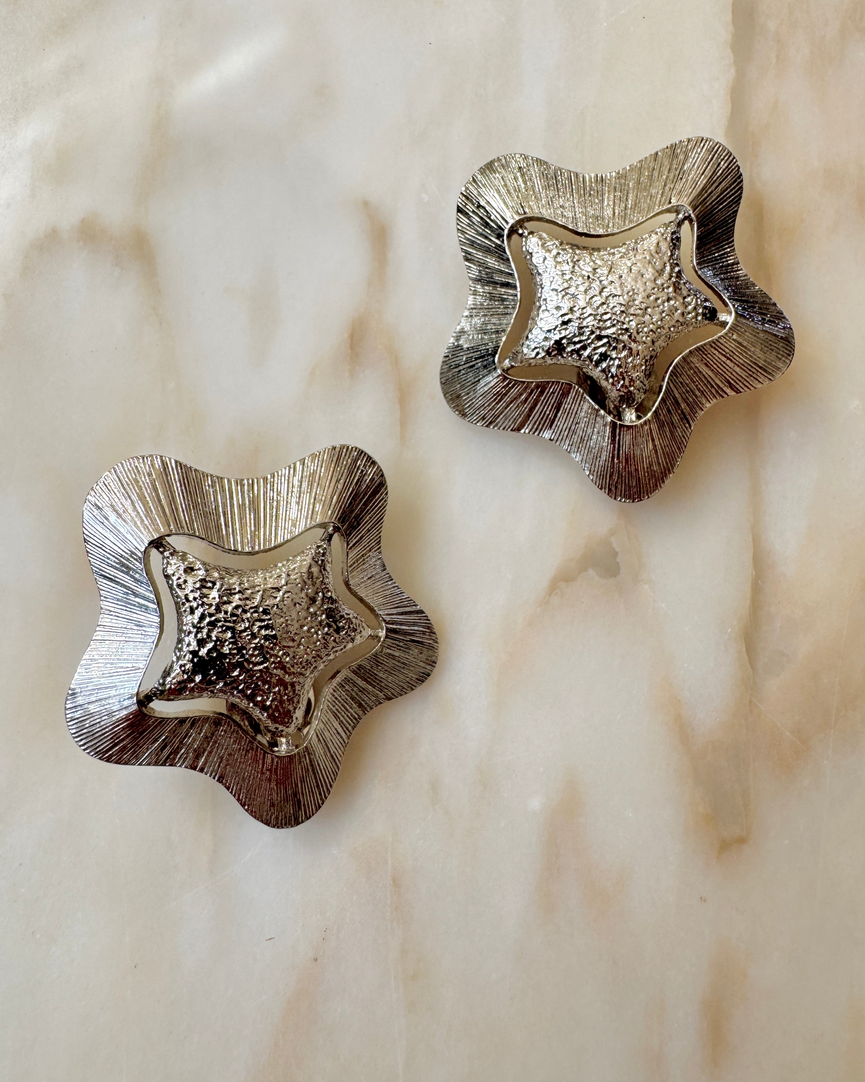 Vintage Silver Tone Textured Metal Starfish Clip on Earrings