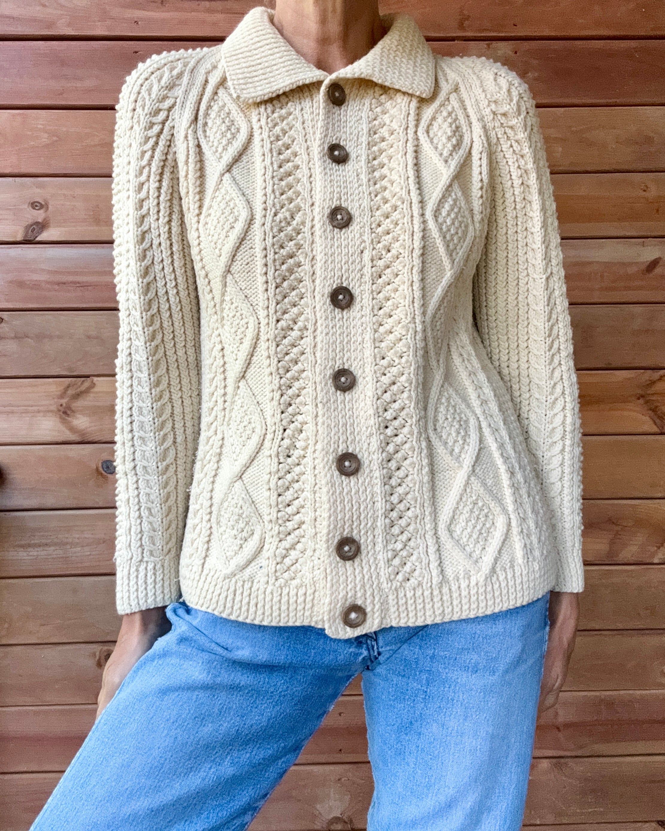 Vintage Handknit Cream Fisherman Cable Cardigan Sweater S M