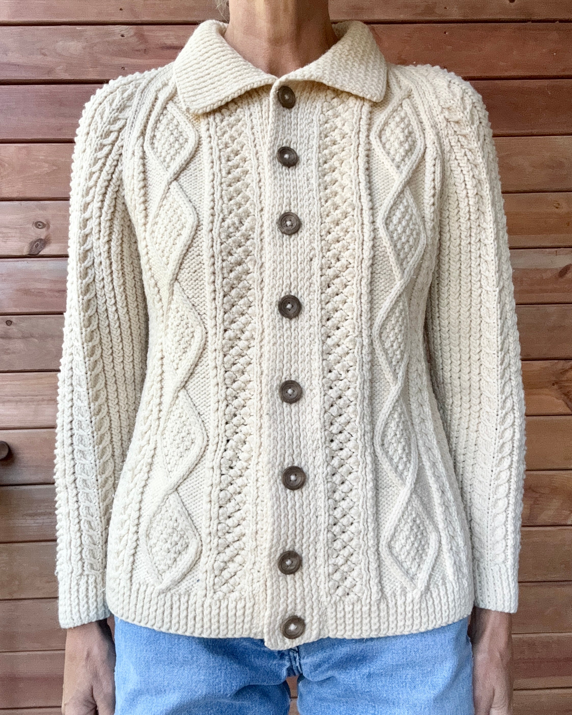 Vintage Handknit Cream Fisherman Cable Cardigan Sweater S M