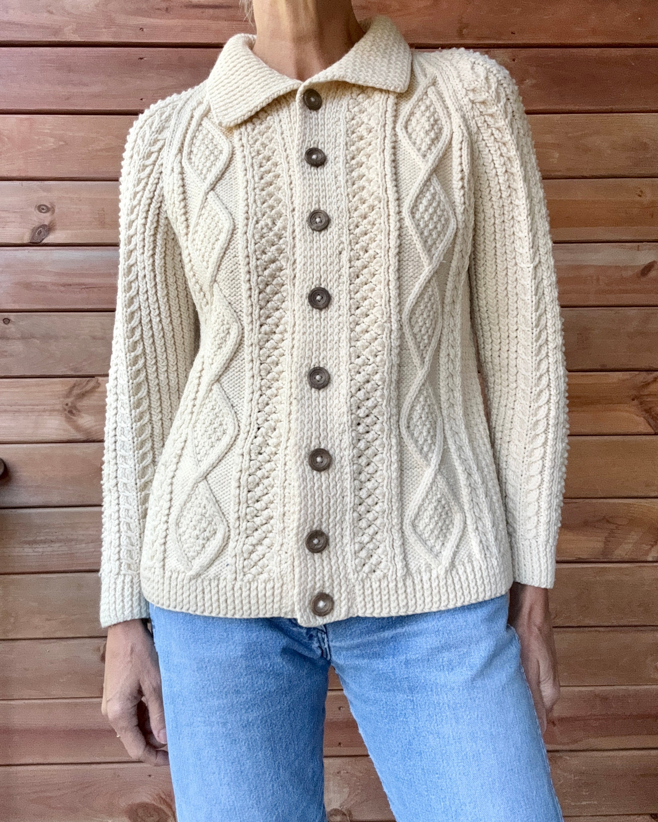 Vintage Handknit Cream Fisherman Cable Cardigan Sweater S M