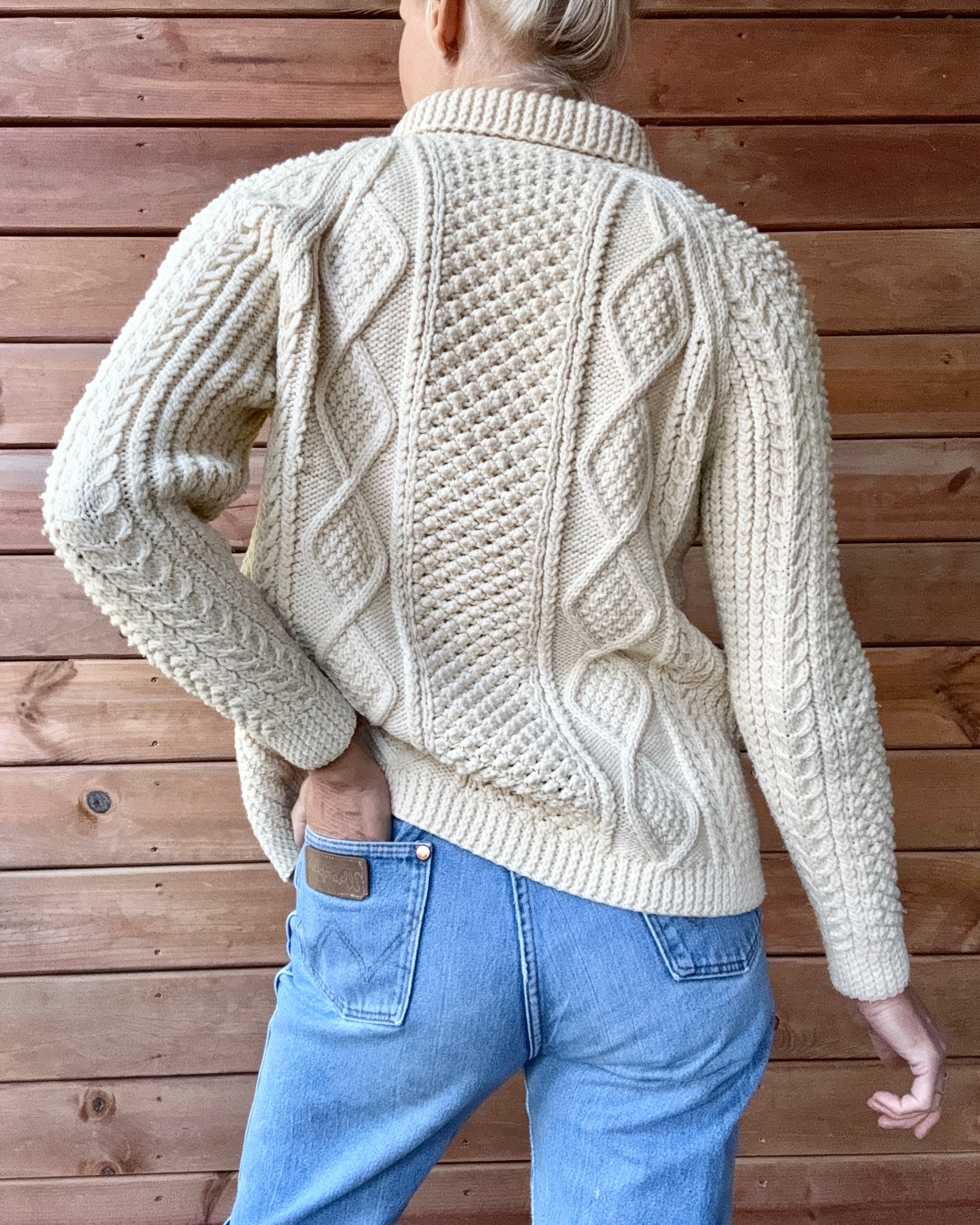 Vintage Handknit Cream Fisherman Cable Cardigan Sweater S M